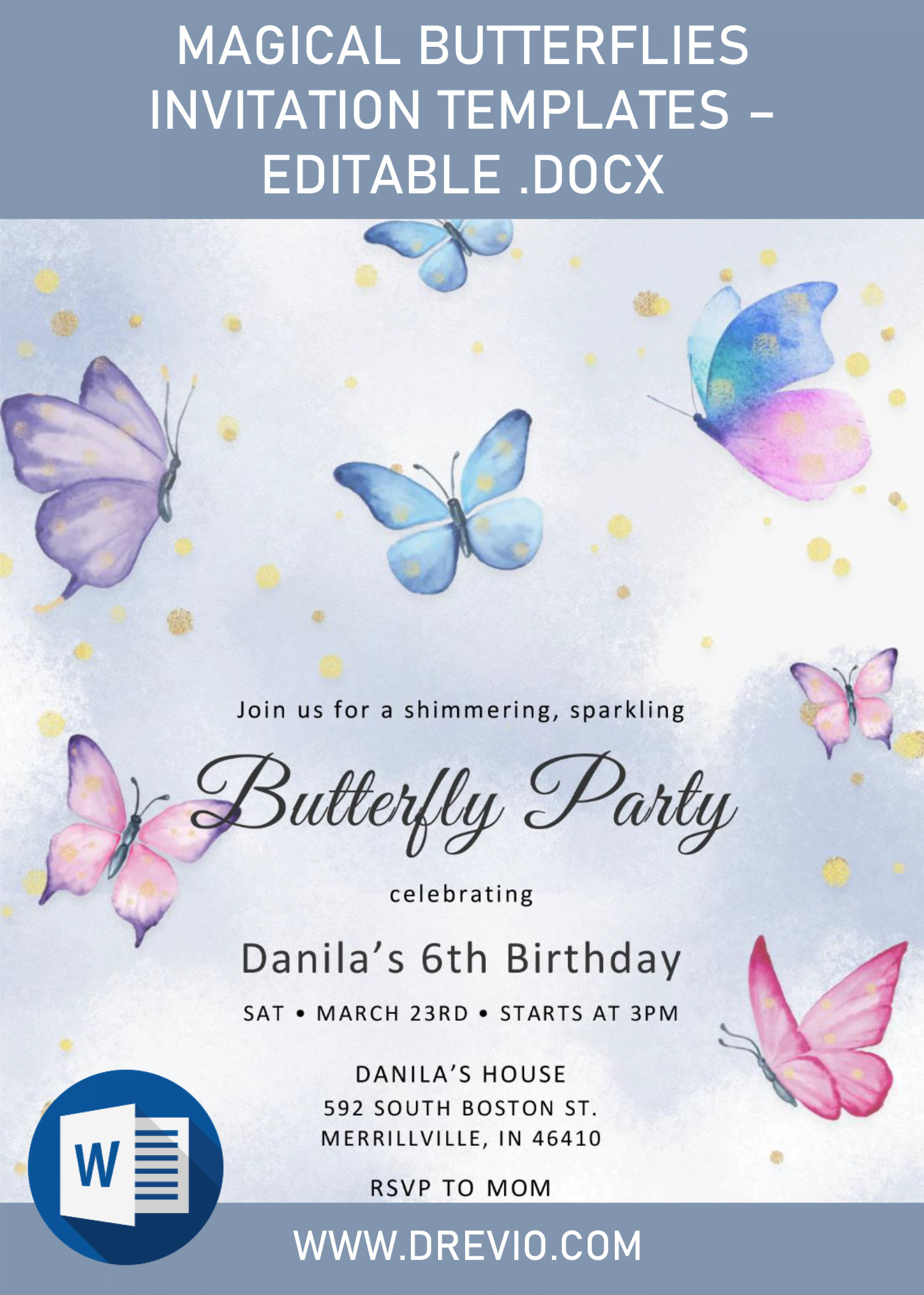 Magical Butterflies Invitation Templates – Editable .Docx For Butterfly Labels Templates