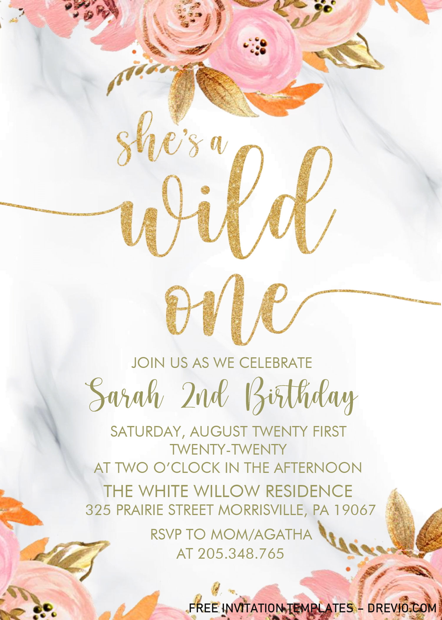 Gold Floral Wild One Invitation Templates Editable With MS Word