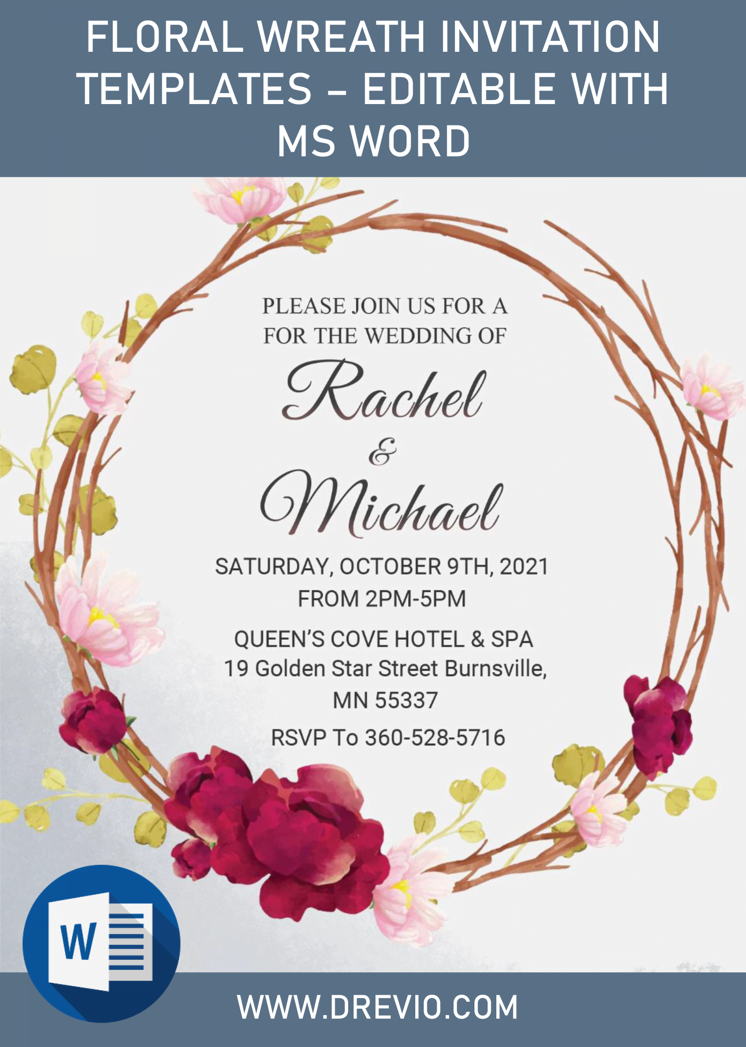 floral wreath invitation templates – editable with ms word