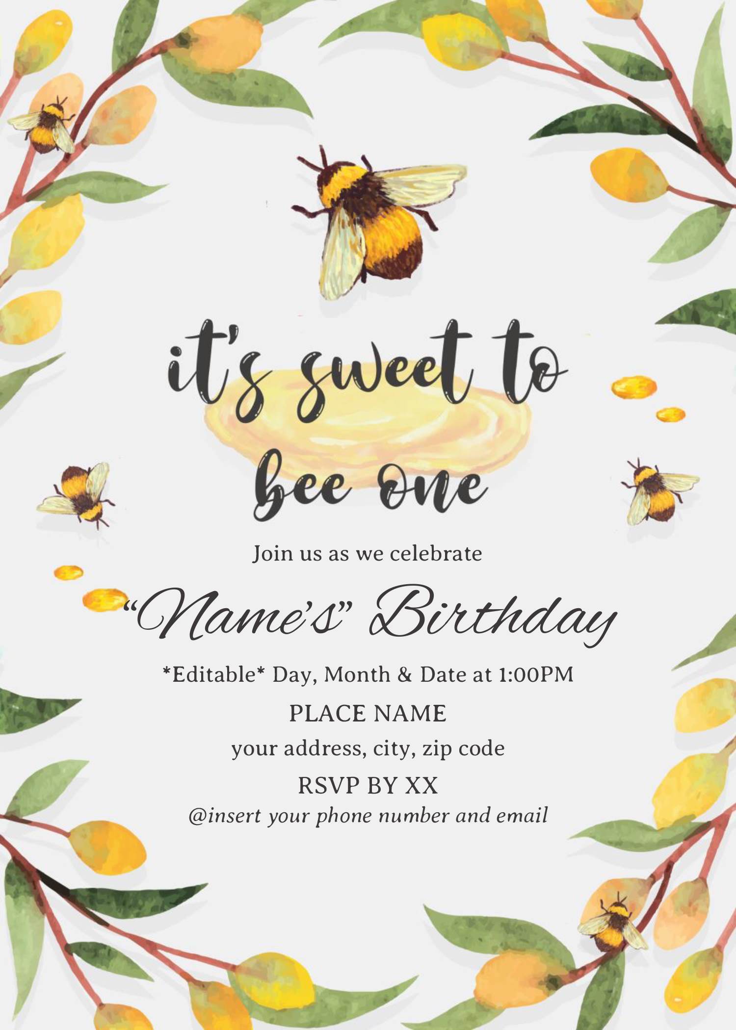 Honey And Bee Birthday Invitation Templates Editable .Docx Download