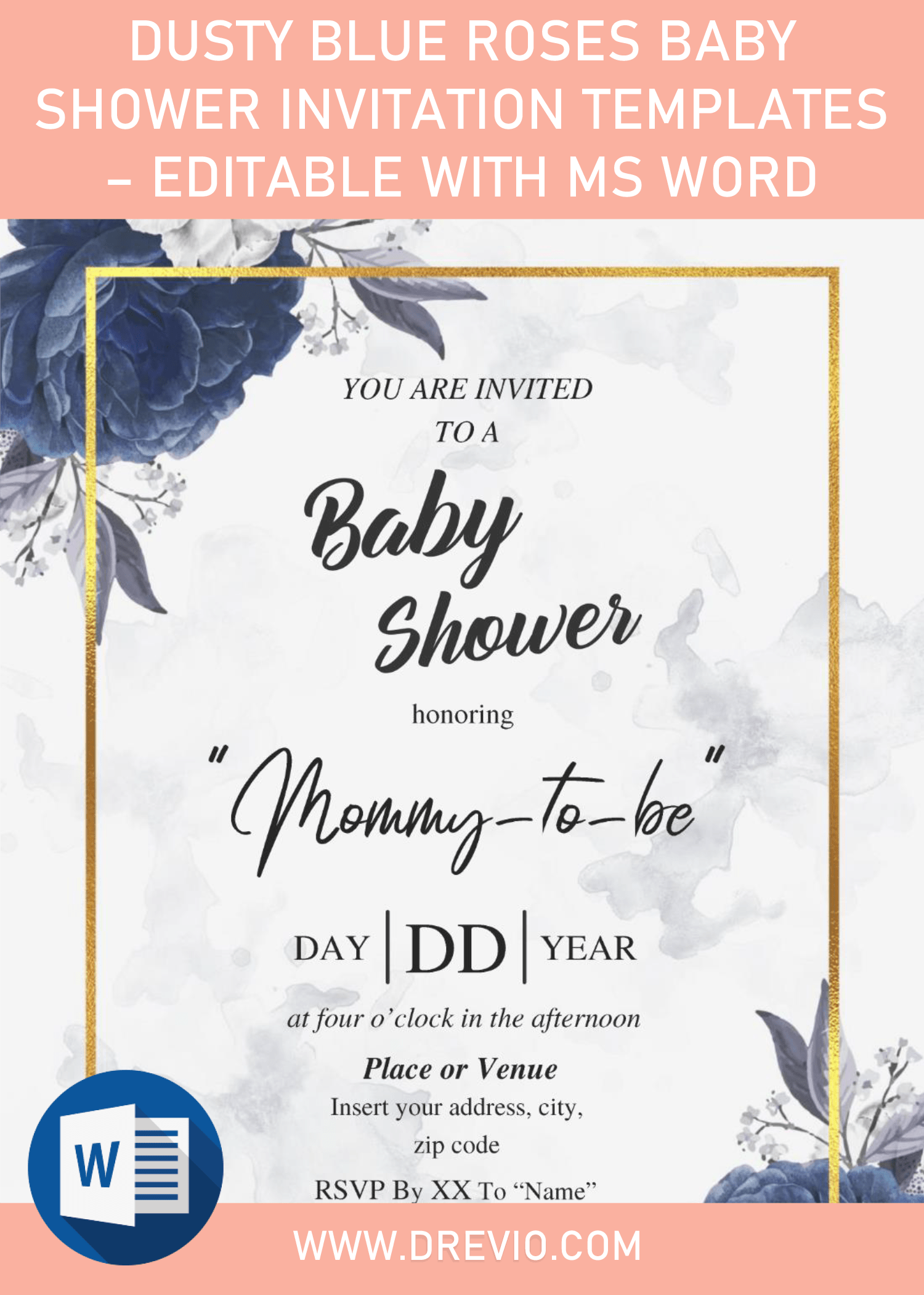 Dusty Blue Roses Baby Shower Invitation Templates – Editable With In Free Baby Shower Invitation Templates Microsoft Word