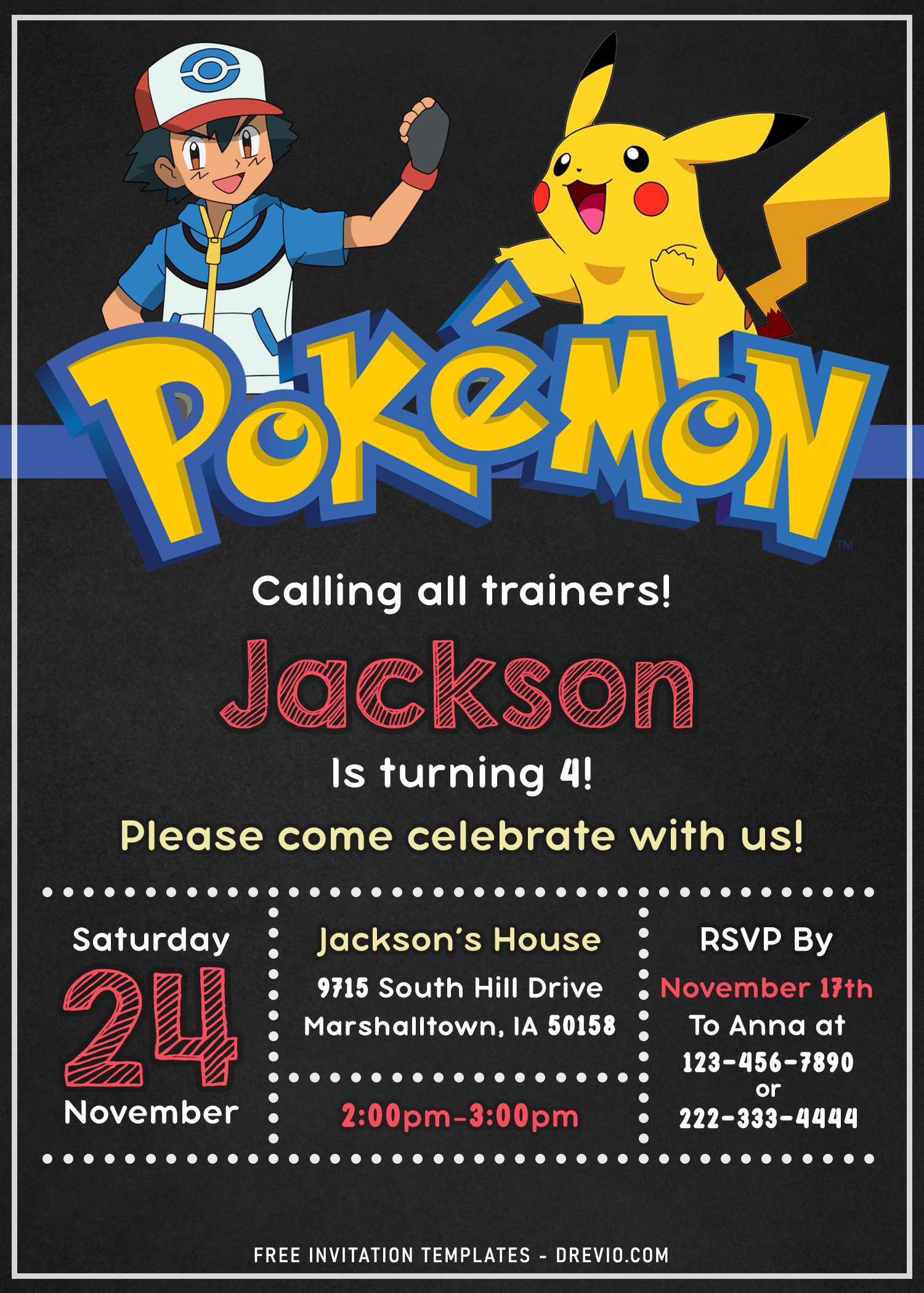 11 pokemon birthday party invitation