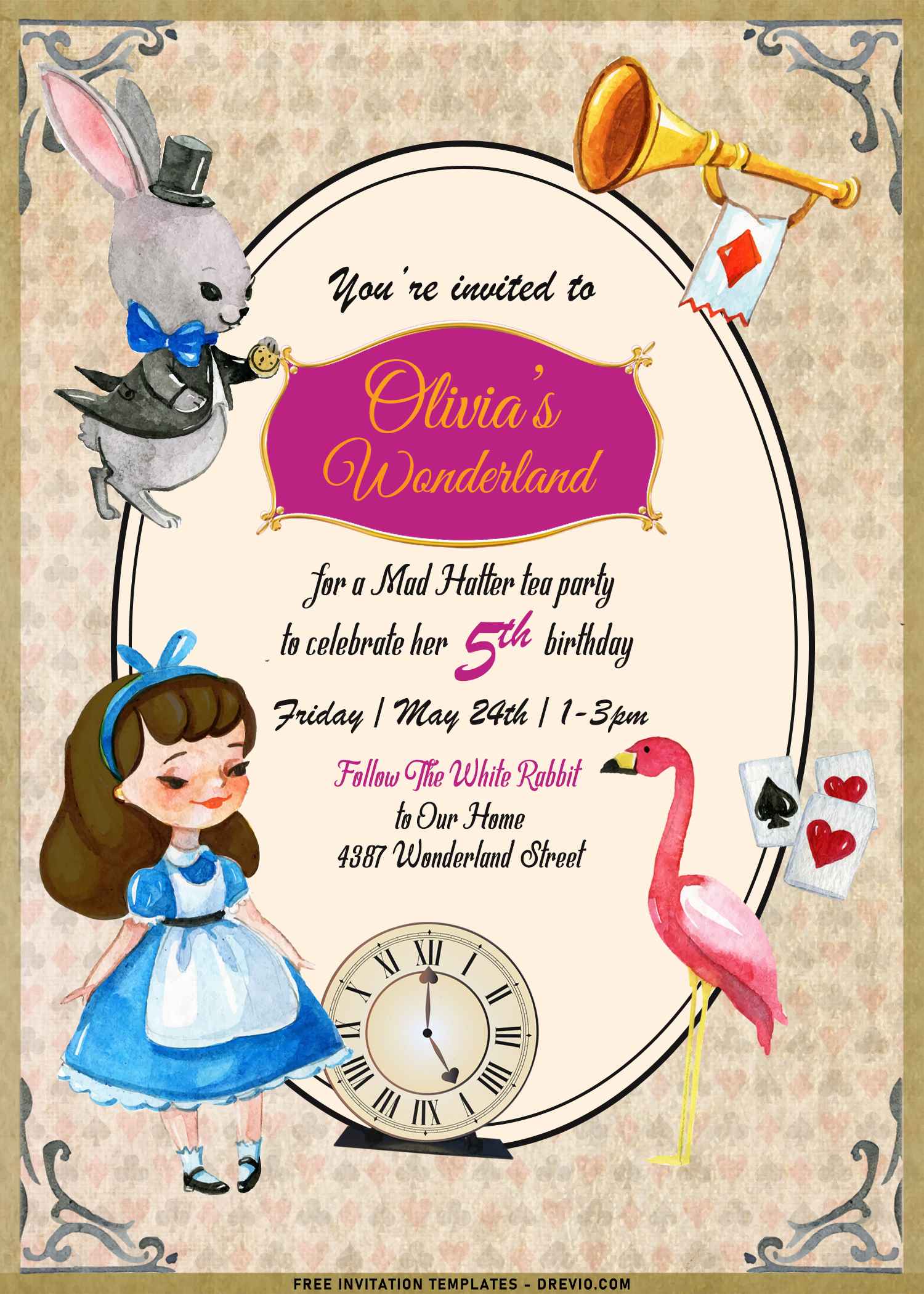 Vintage Alice in Wonderland Birthday Invitation