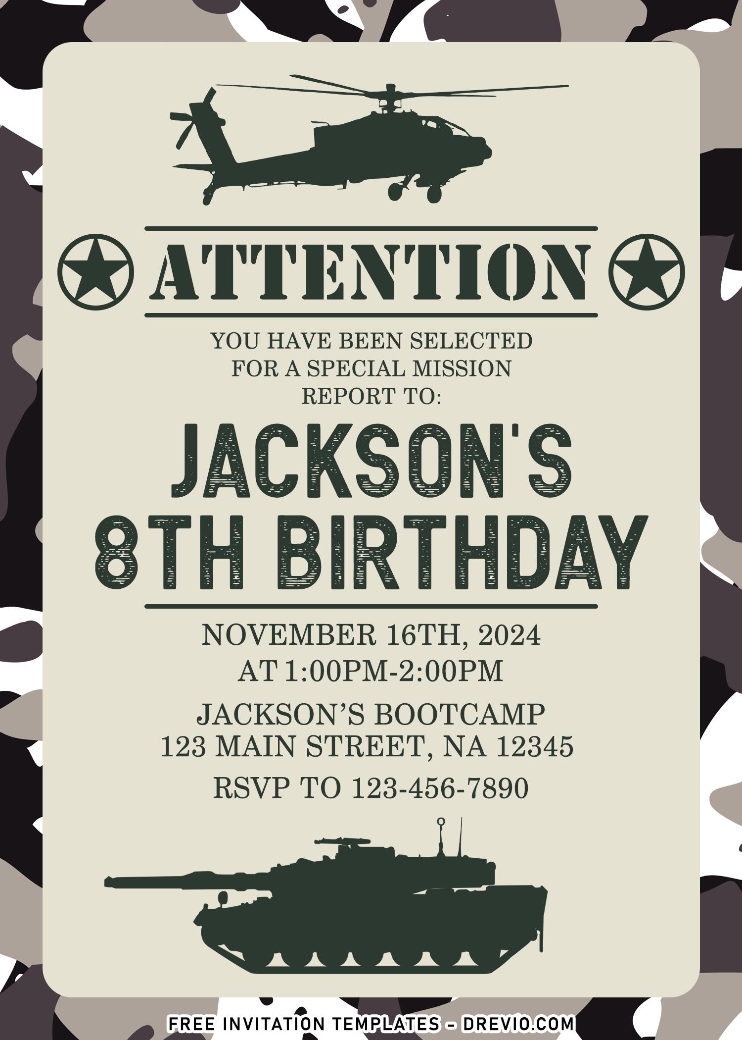 Blue Army Soldier Camouflage Childrens Birthday Party Invitations 