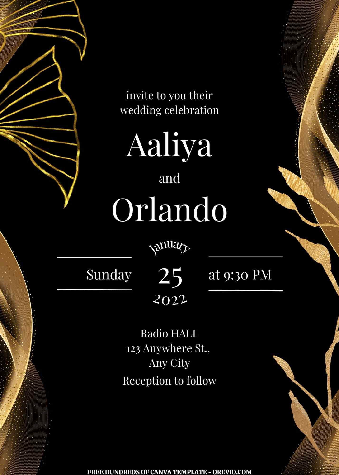 Free) 7+ Gold Floral Gold Black Background Canva Wedding Invitation  Templates | Download Hundreds FREE PRINTABLE Birthday Invitation Templates
