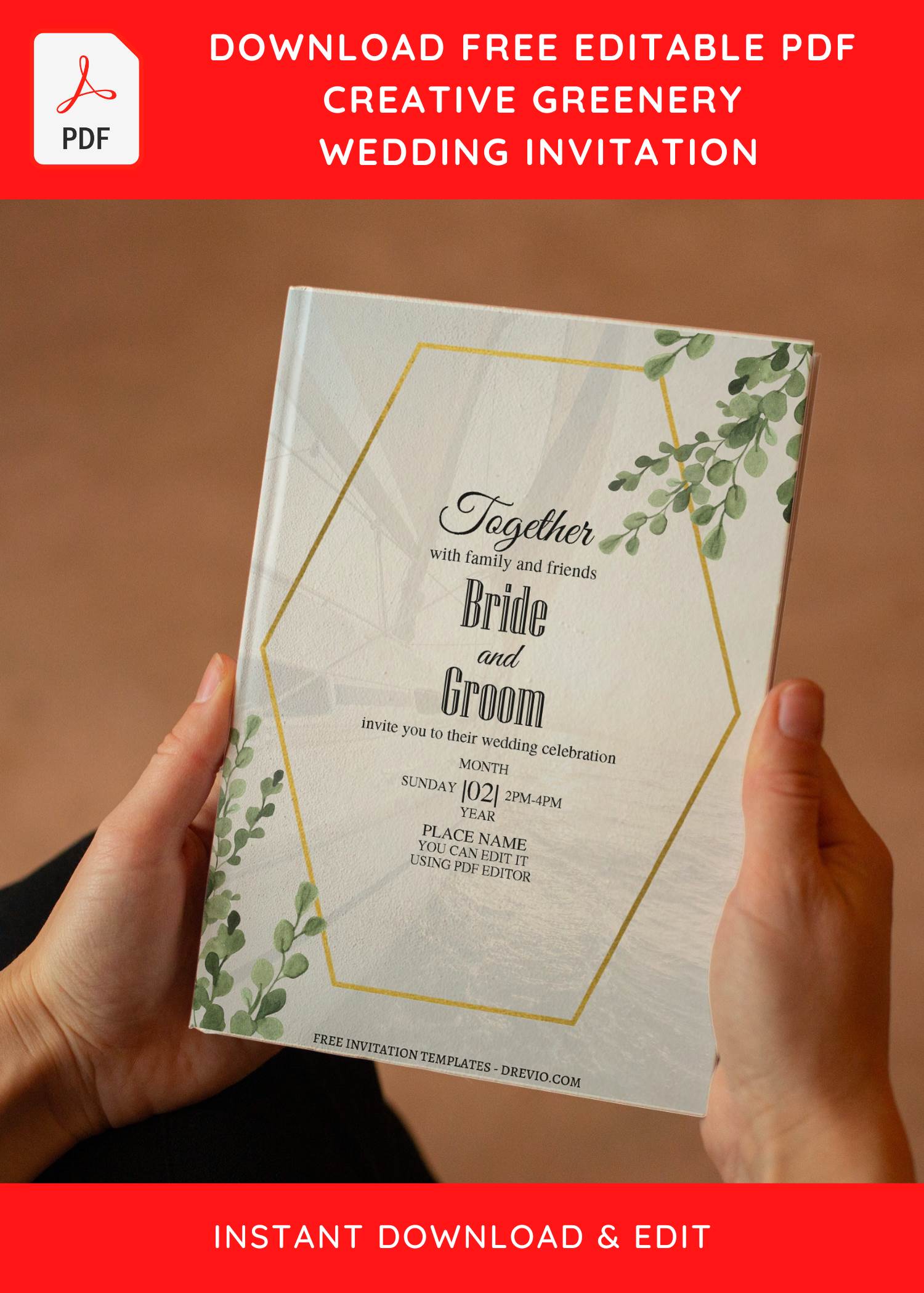 free editable pdf) modest gold greenery frame wedding invitation